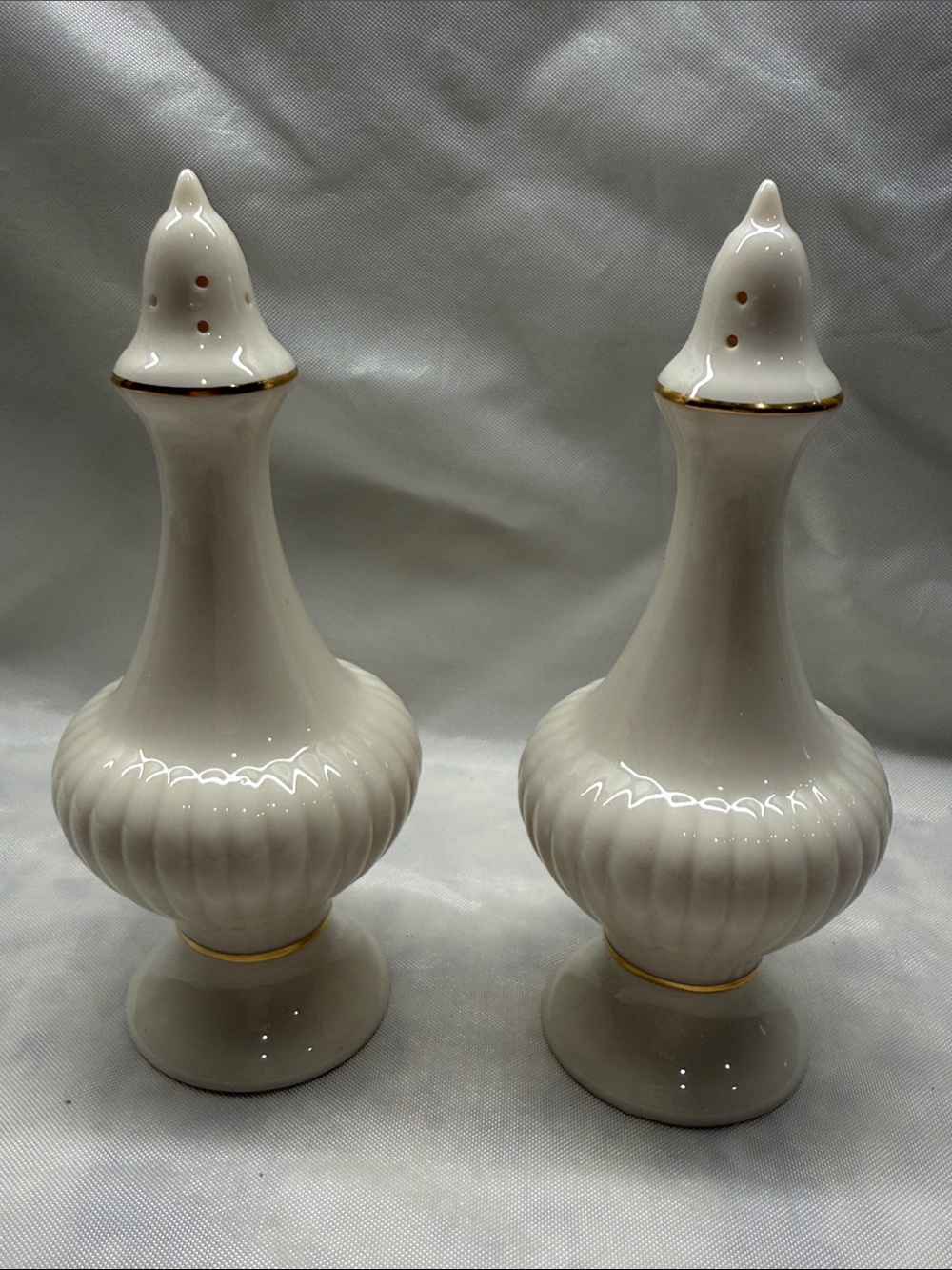 White Porcelain Salt and Pepper Shakers with Gold Trim